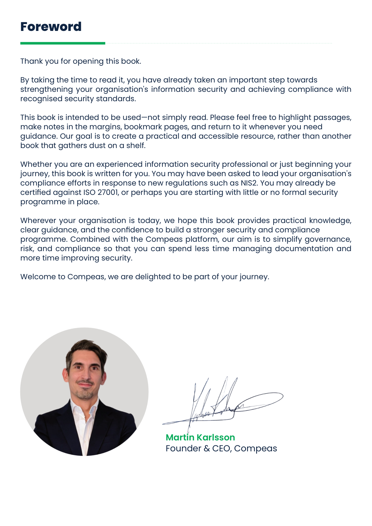 Foreword page with a personal message from Martin Karlsson, Founder & CEO of Compeas