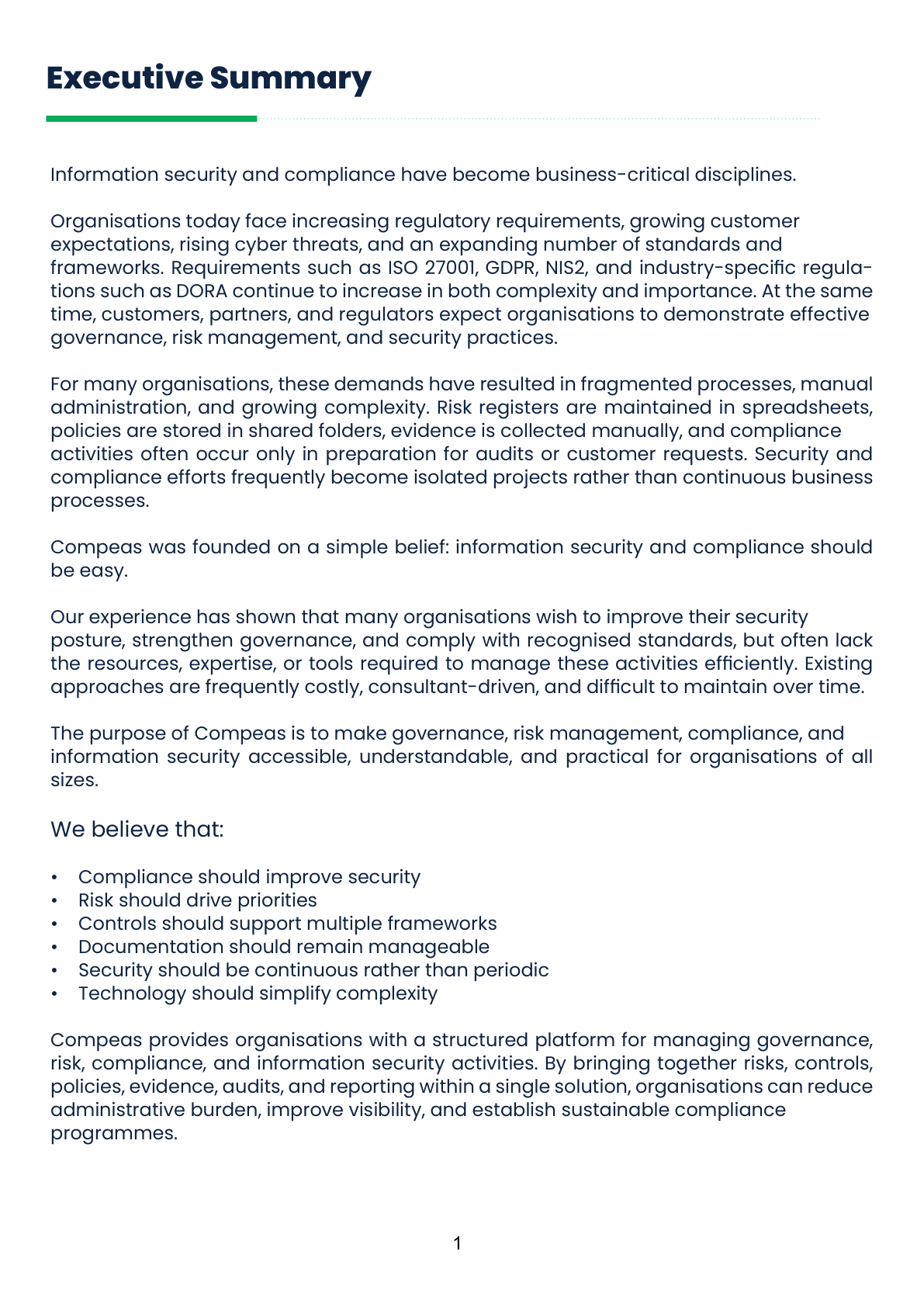 Executive Summary page introducing why information security and compliance have become business-critical disciplines