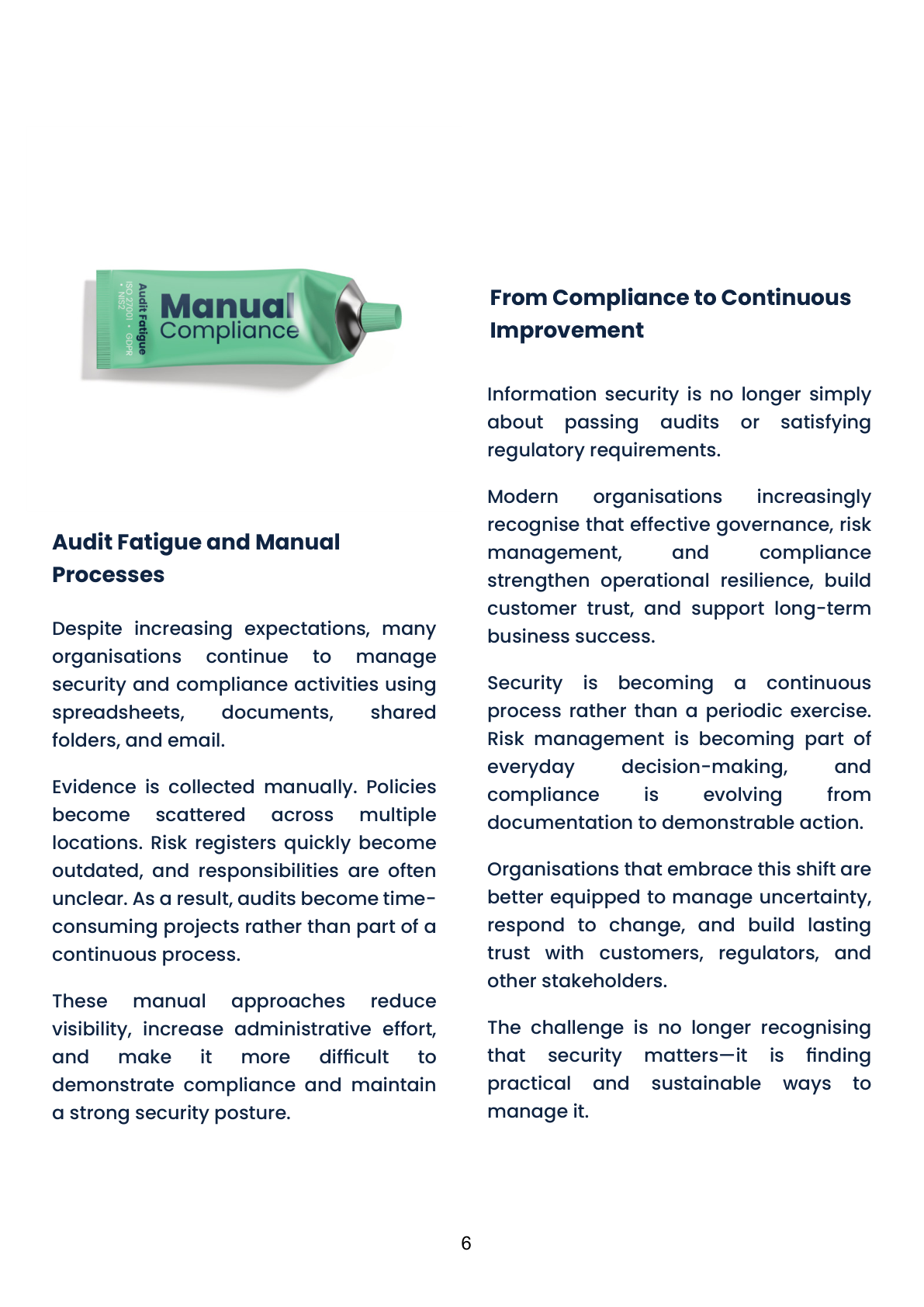 Book page on audit fatigue and manual processes, and the shift from compliance to continuous improvement