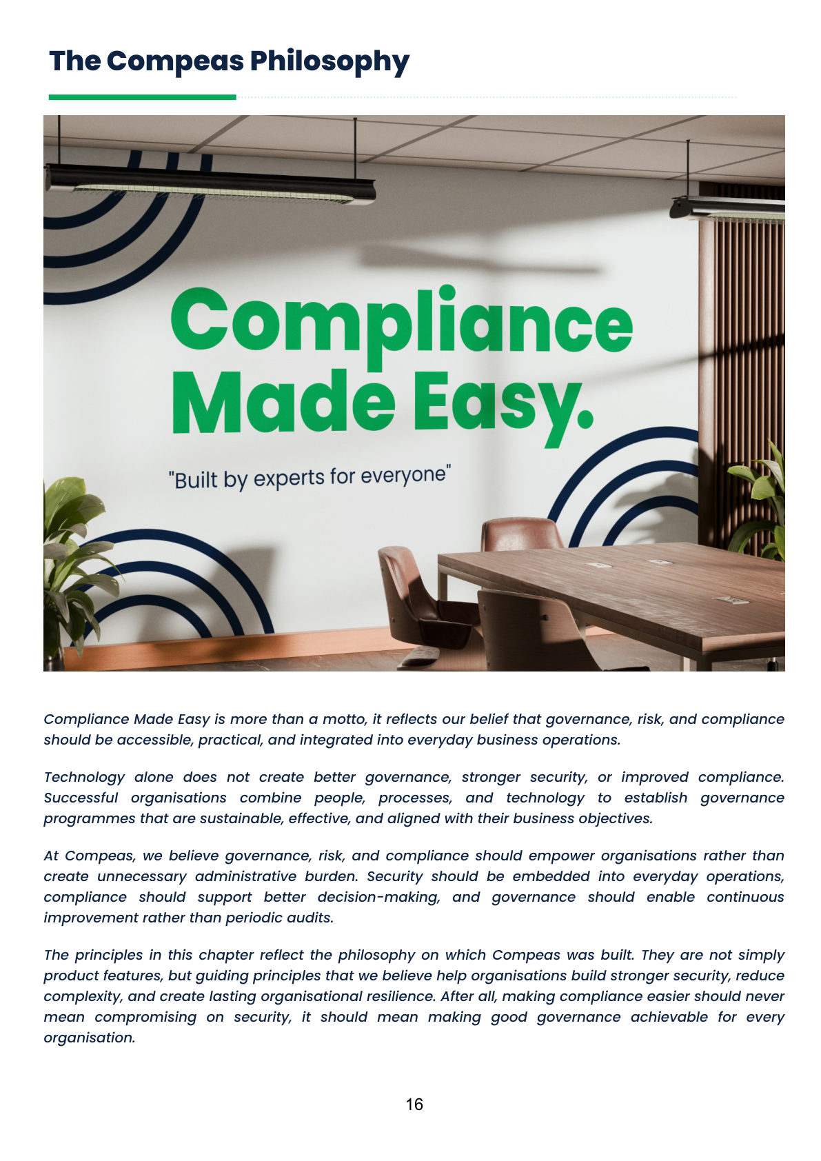 The Compeas Philosophy page featuring the brand's core beliefs and guiding principles
